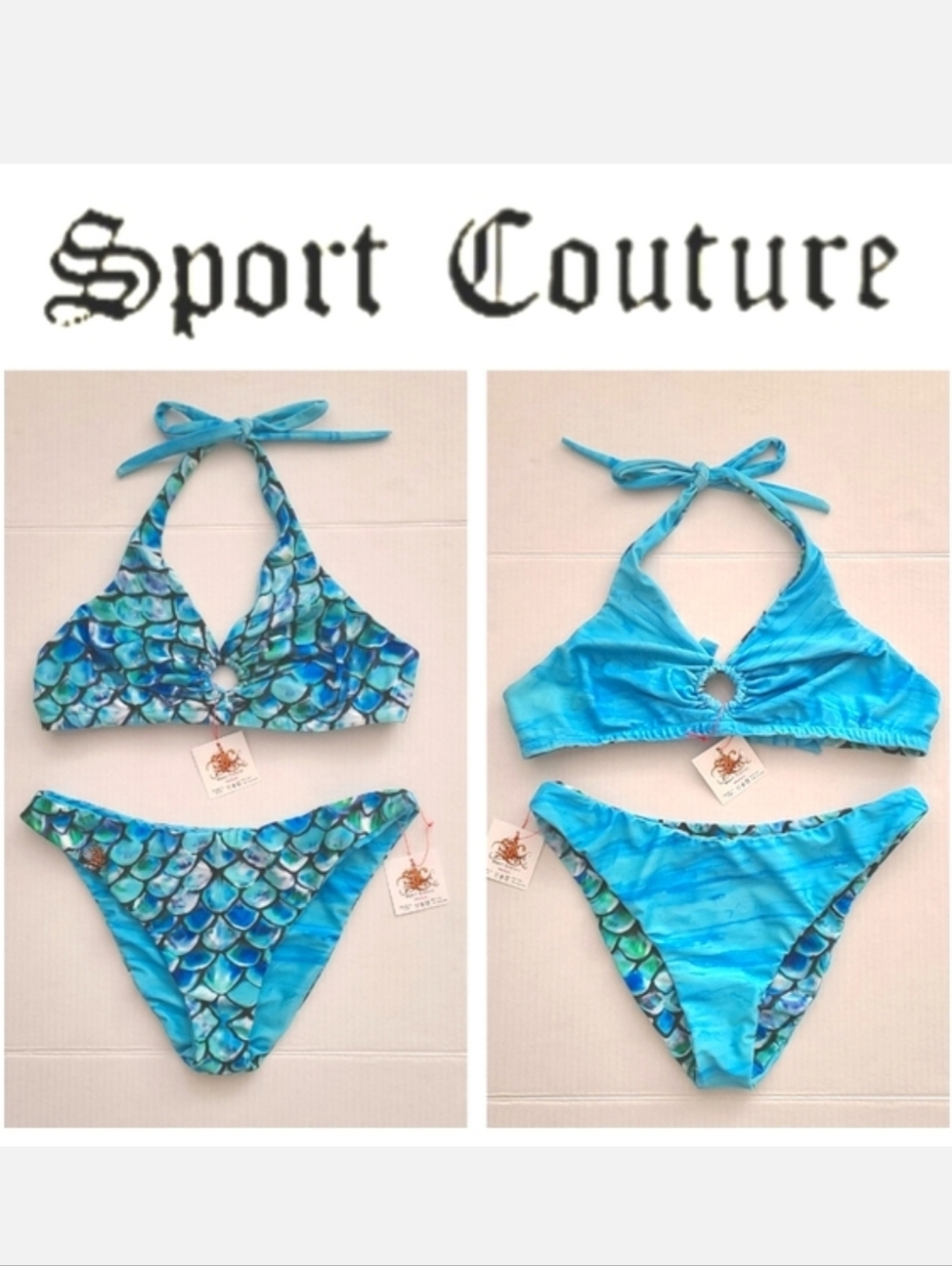 Sport Couture Reversible Bikini Aqua Blue Mermaid Print UPF 50+ Sz M NWT